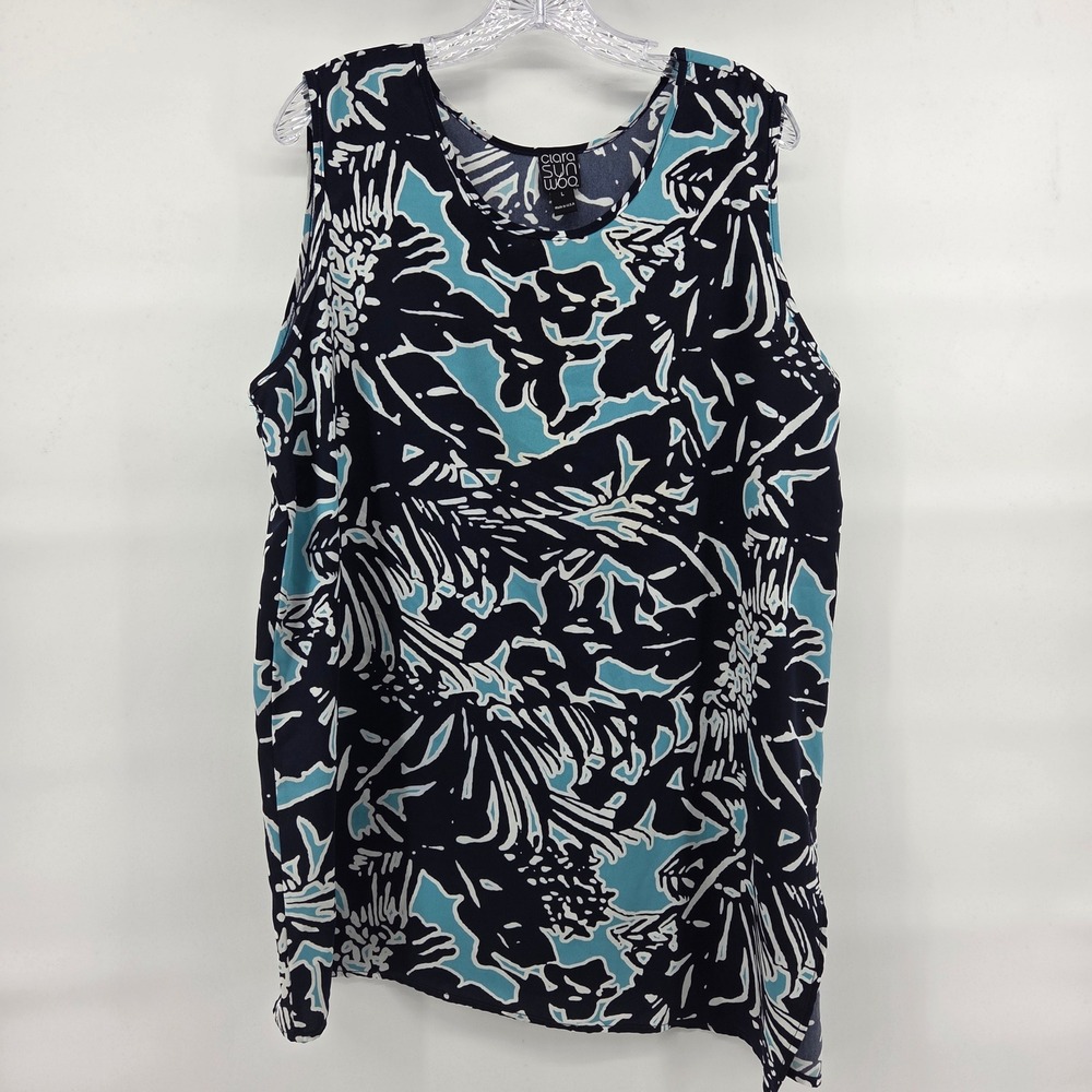 Clara Sunwoo Tank Top‎ Large Blue Floral Abstract Eclectic Art-Inspired Boho